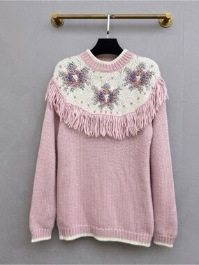 🚩steal Miu Miu Pink Fringe Yoke Sweater with Cream Floral Knit
